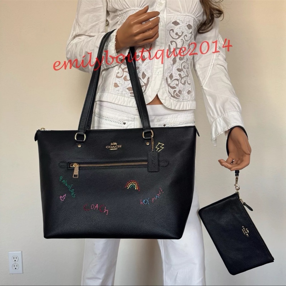 NWT Coach C8365 Gallery Zip Tote Bag Black Pebble Leather & Wristlet Wallet Set